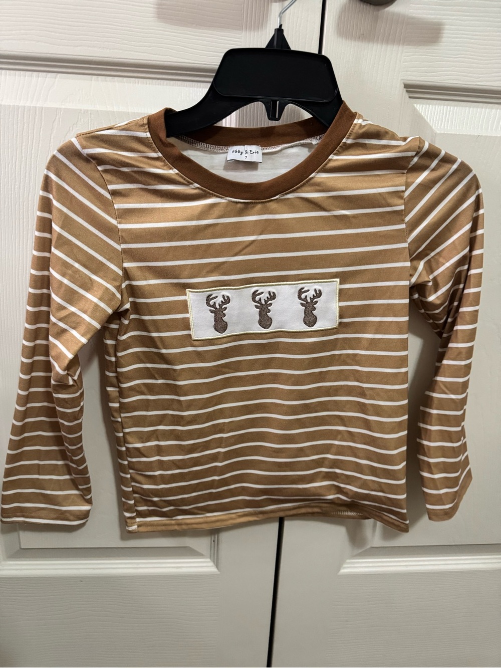Kids Brown Stripe Long-Sleeve Top with Deer Applique ABBY & EVIE